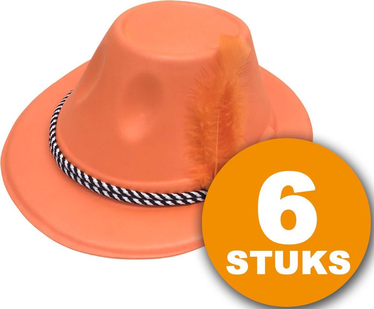 Oranje Feesthoed | 6 stuks Oranje Hoed met Veer | Feestartikelen Oranje Hoofddeksel | Feestkleding EK Voetbal 2021